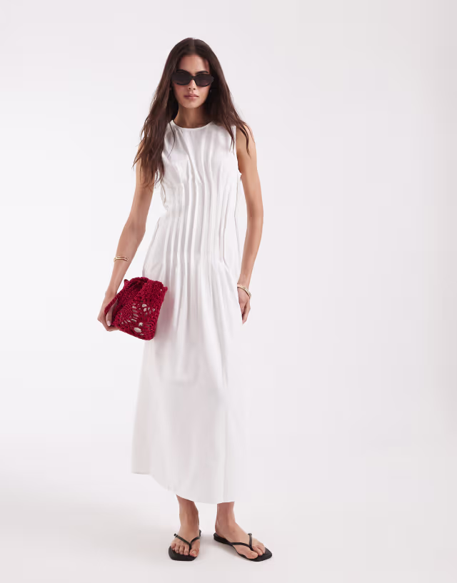 Vero Moda Tall poplin pleated waist sleeveless midaxi dress in white