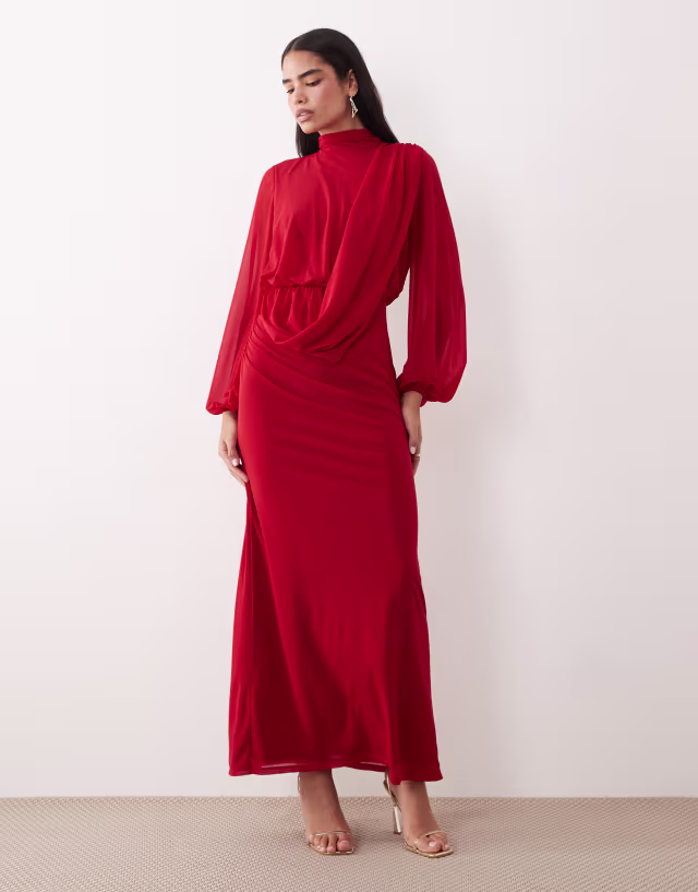 Daska chiffon draped bodice maxi dress in red