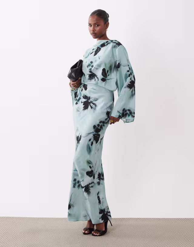 ASOS DESIGN long sleeve tucked waist bias maxi dress in blue blurred floral print