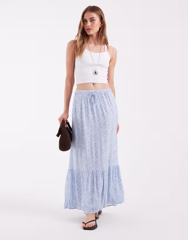PIECES tie waist tiered maxi skirt in blue and white ditsy floral print