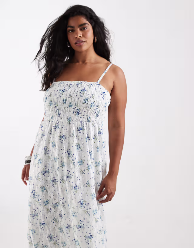 PIECES Curve smocked lace cami maxi dress in blue ditsy floral print