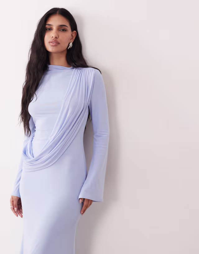 ASOS DESIGN mesh draped high neck long sleeve maxi dress in blue