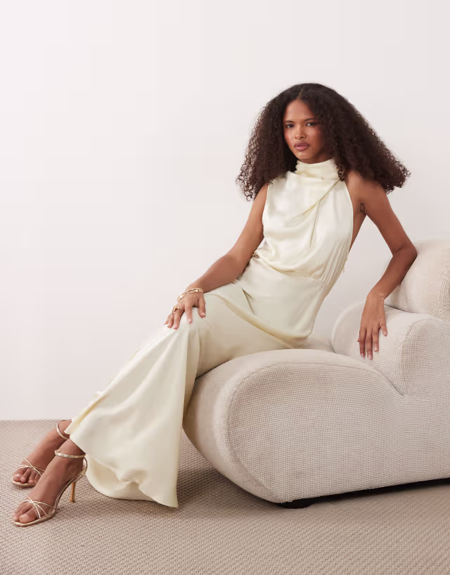 Vila high neck satin maxi dress in pastel yellow