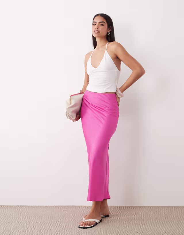 VILA satin midaxi skirt in bright pink