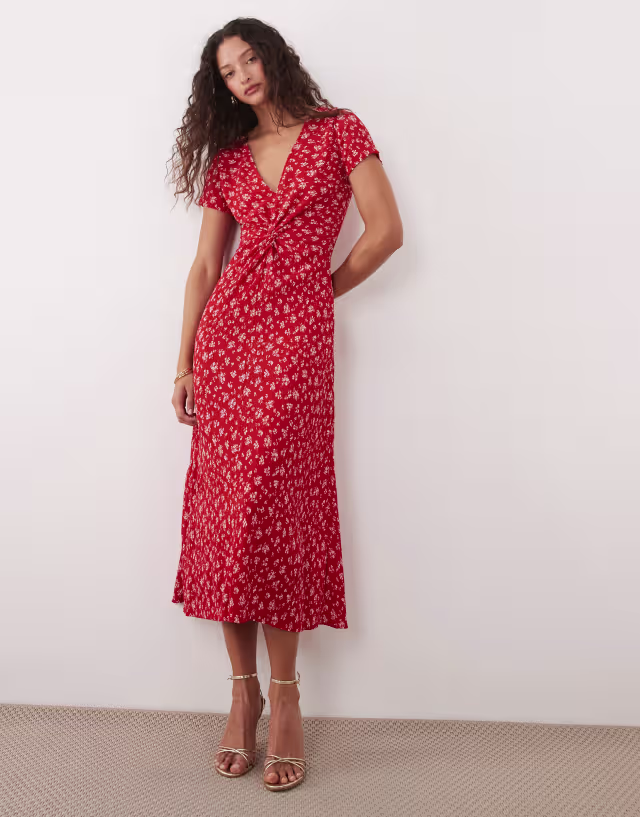 Mango twist front v neck midi dress in red floral print