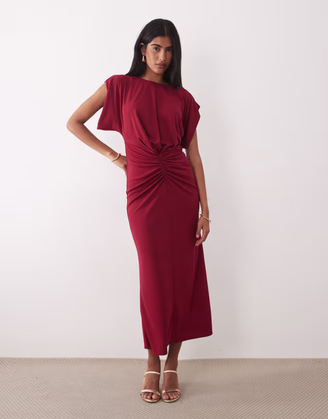 ASOS DESIGN structured shoulder ruched front midi dress in red