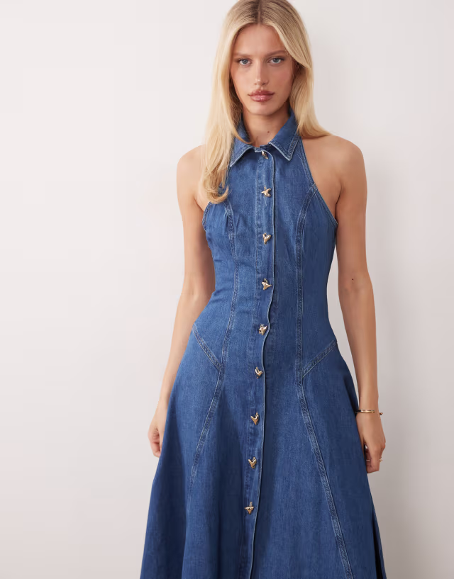 ASOS LUXE denim pleated midi dress with heart buttons in mid wash blue