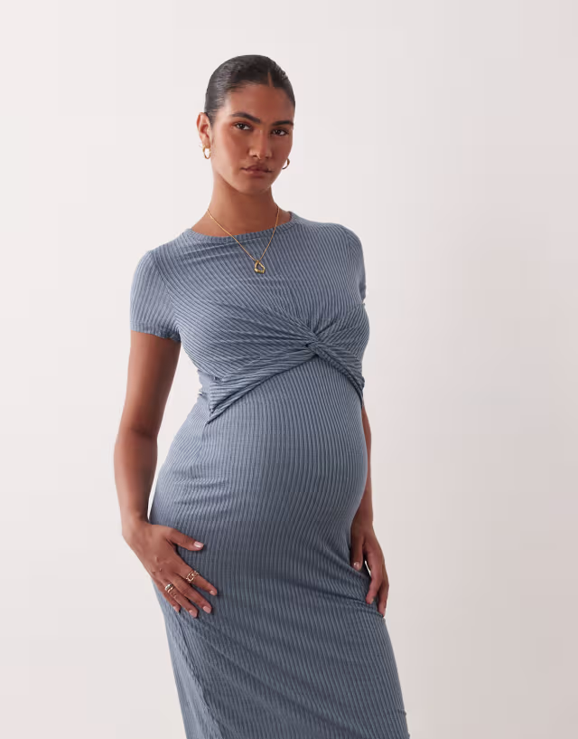 Mamalicious Maternity short sleeve knot front midi dress with nursing function in blue