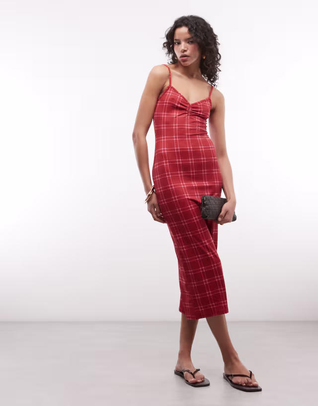 Reclaimed Vintage strappy ruched bust midi dress in red check