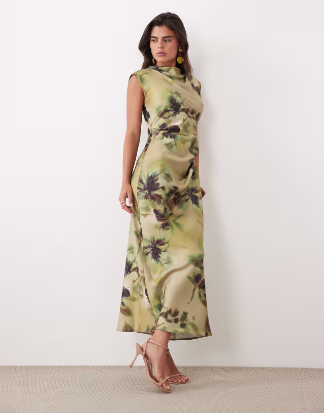 ASOS DESIGN satin high neck pleated bodice midi dress in green floral print