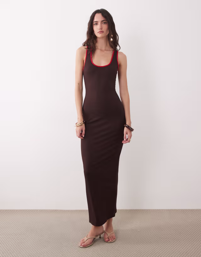 ASOS DESIGN racer neck bodycon midaxi dress in brown with red tipping
