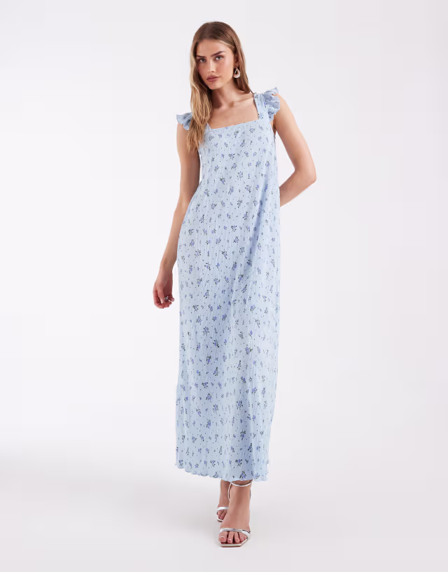 PIECES plissé maxi dress with frill sleeves in blue floral