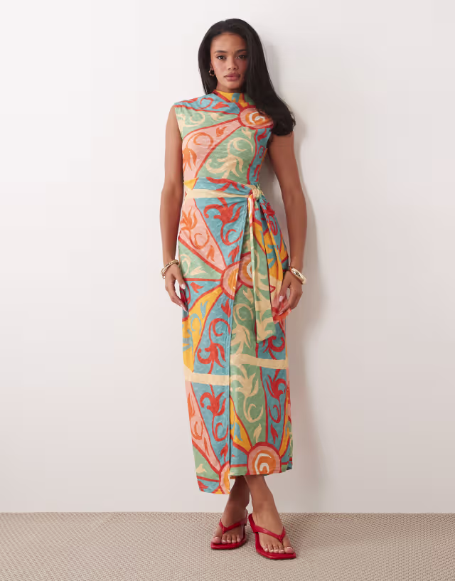 Never Fully Dressed Lucy textured short sleeve tie front midi dress in kaleidoscope print