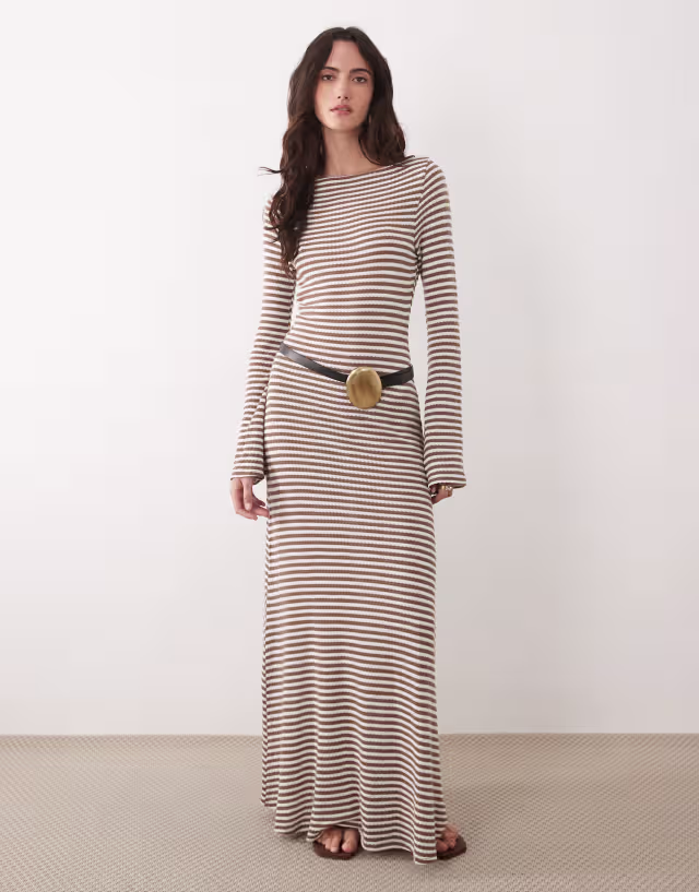 ASOS DESIGN crochet look fabric long angel sleeve maxi dress in in monochromatic stripes