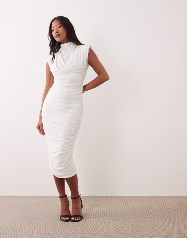 TFNC Petite slinky high neck shoulder pad drape detail midi dress in cream