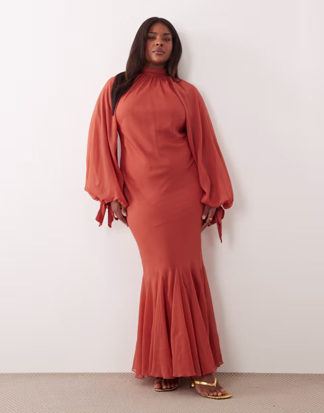 ASOS DESIGN Curve high neck maxi dress with godet hem in rust