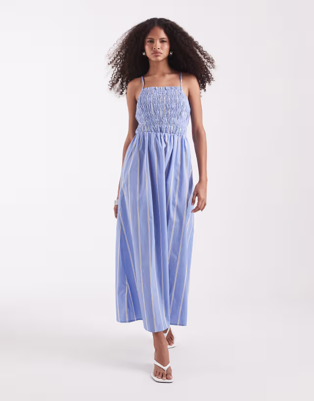PIECES ruched cotton cami midaxi dress in blue and white stripes