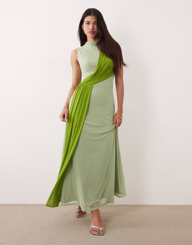 ASOS DESIGN color block mesh maxi dress with sash detail in sage green