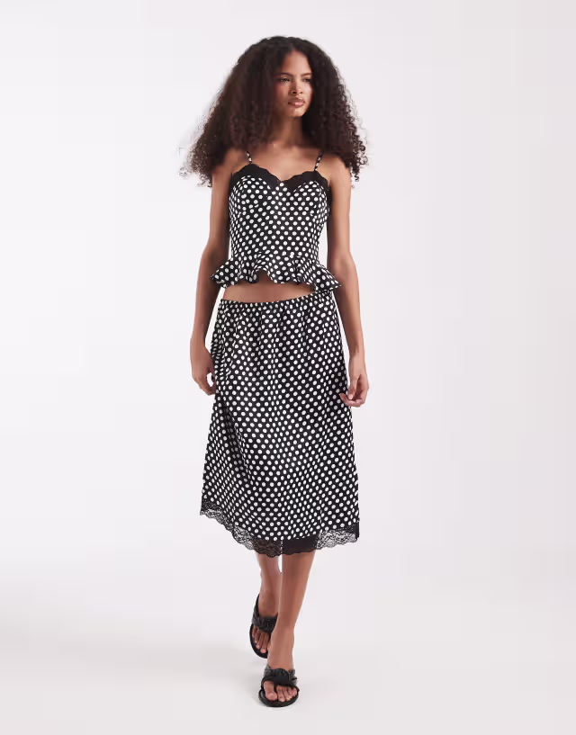 ASOS DESIGN 90's satin lace trim midi skirt in polka dots - part of a set
