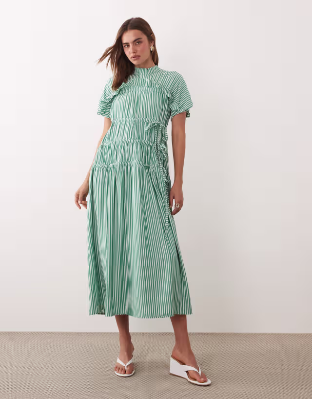 Ghospell drawstring detail short sleeve midi dress in green striped print