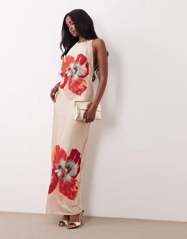 Vero Moda sleeveless open back satin midi dress with overblown floral print in pale gold