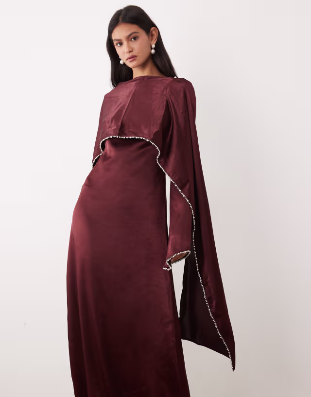 JW PEI Exclusive satin pearl trimmed cape sleeve maxi dress in burgundy