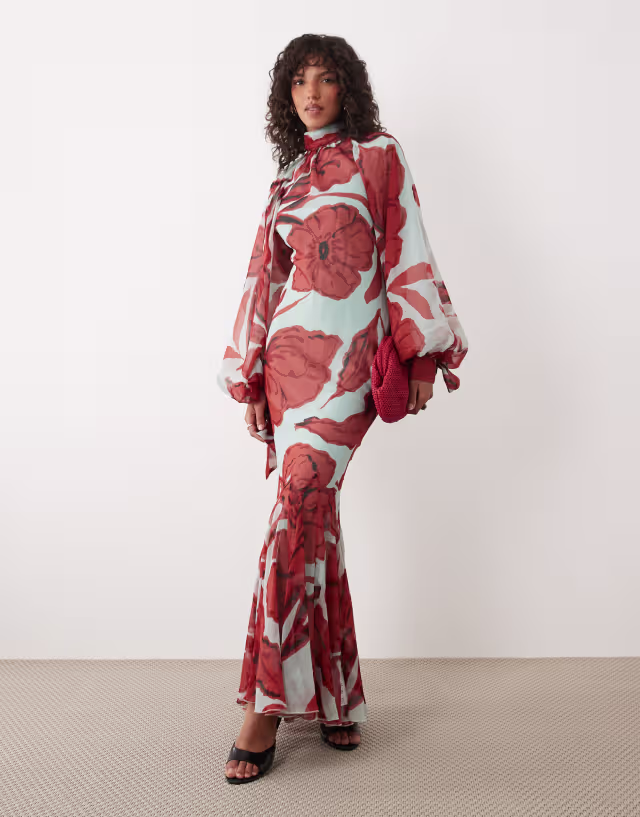 ASOS DESIGN high neck maxi dress with godet hem in red floral