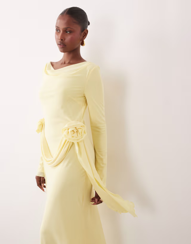 Daska mesh slash cowl neck corsage drape detail maxi dress in lemon