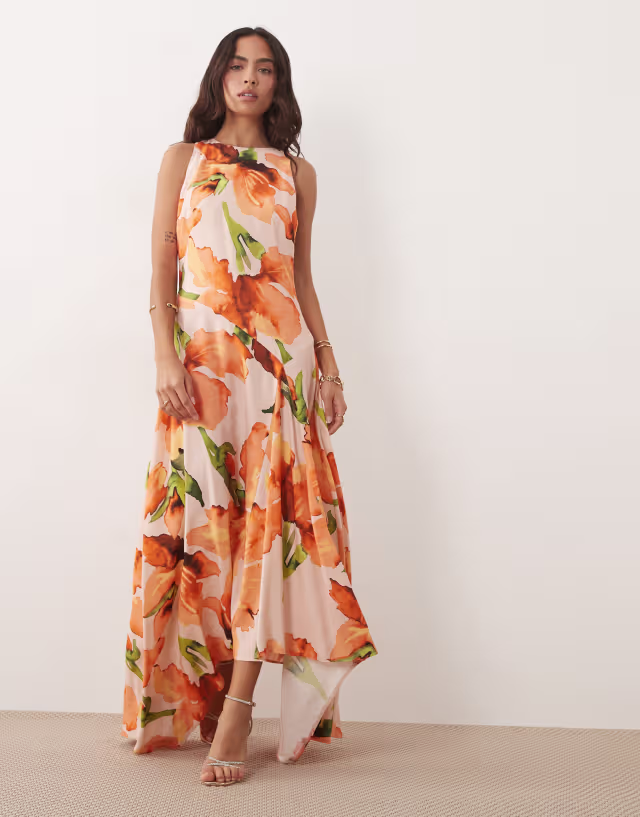 ASOS DESIGN sleeveless racer hanky hem maxi dress in orange floral