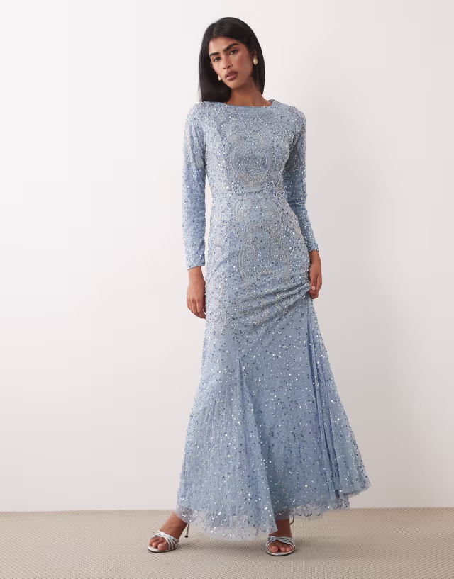 Beauut embellished long sleeve maxi dress in light blue