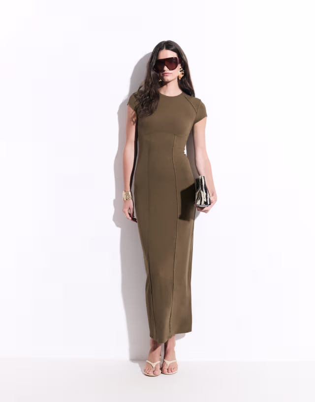 ASOS DESIGN seam detailing short sleeve midaxi dress in khaki
