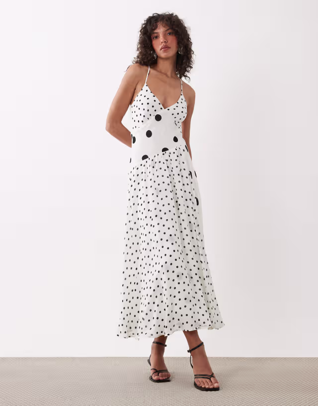 Nobodys Child Occasion Dani v-neck cross back maxi dress in mono polka dot print