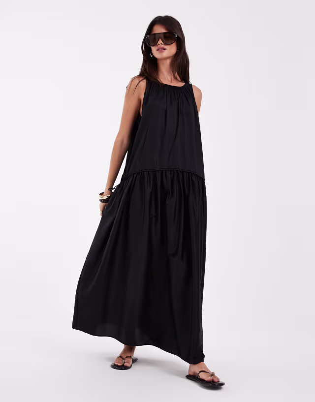 & Other Stories pure cotton trapeze maxi dress with dropped waist in black