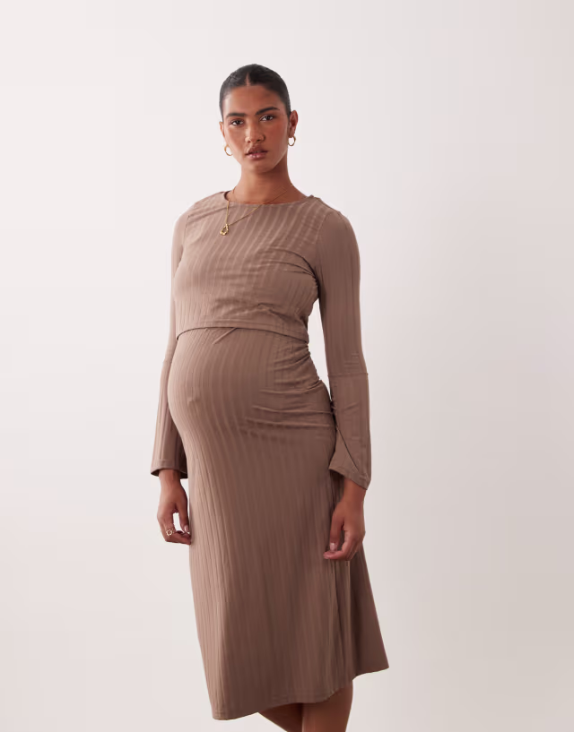 Mamalicious Maternity 2 in 1 ribbed jersey midi dress in light brown