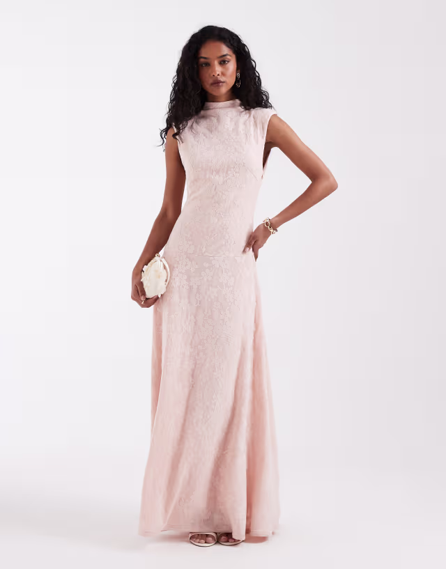 Pretty Lavish dropped waist high neck textured floral maxi dress in pink
