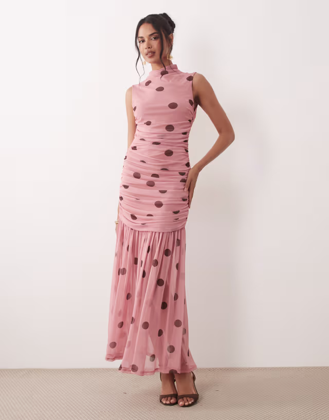 ASOS DESIGN printed polka dot ruched drop waist circle dress with grown on neck in pink