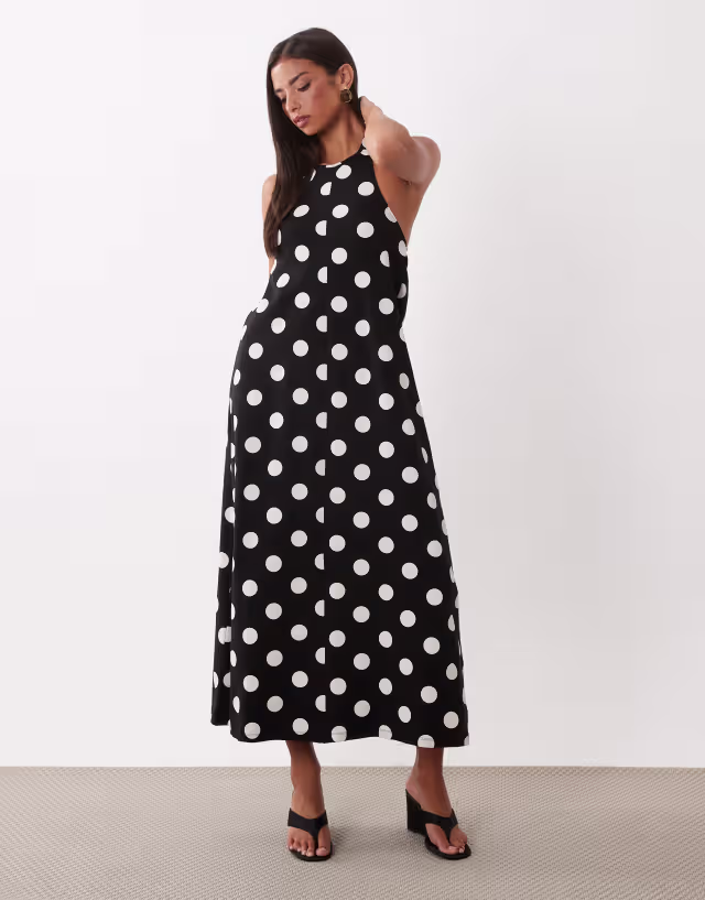 ASOS DESIGN polka dot trapeze midi dress in black and white