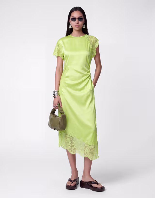 Noisy May satin maxi dress with lace details in green