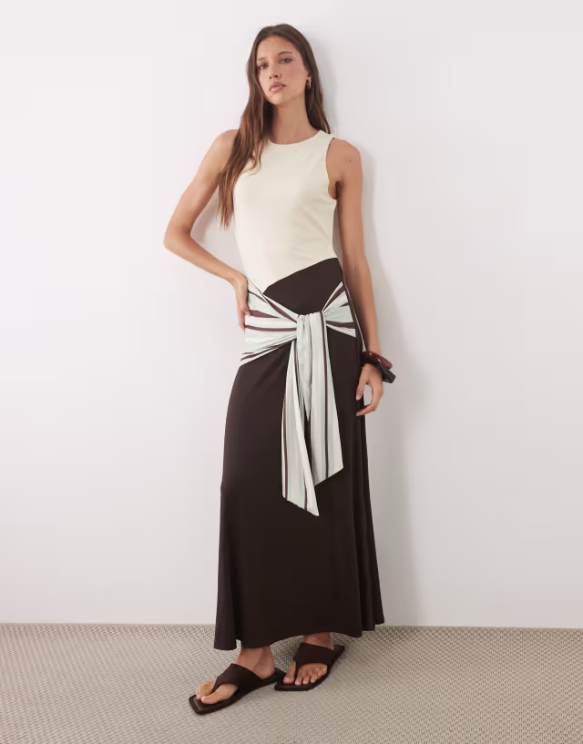 ASOS DESIGN sleeveless with tie detail contrast maxi dress in brown and cream