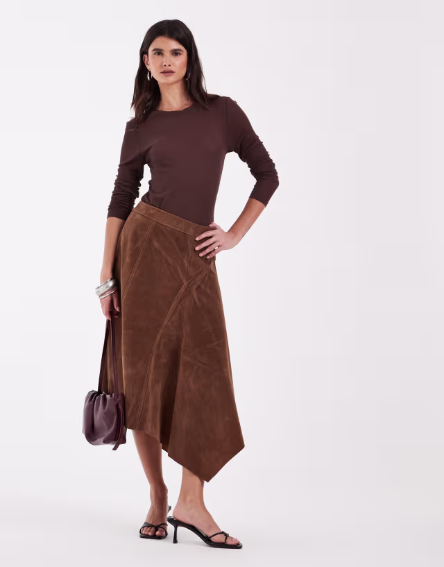 ONLY faux suede asymmetric midi skirt in brown